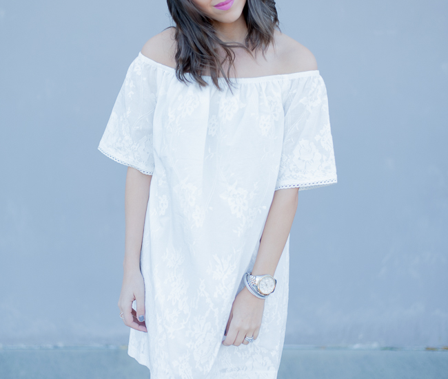 Dress Up Buttercup | Houston Fashion Blog - Dede Raad BB Dakota Off the Shoulder Cotton Dress White Red Bow High Heels