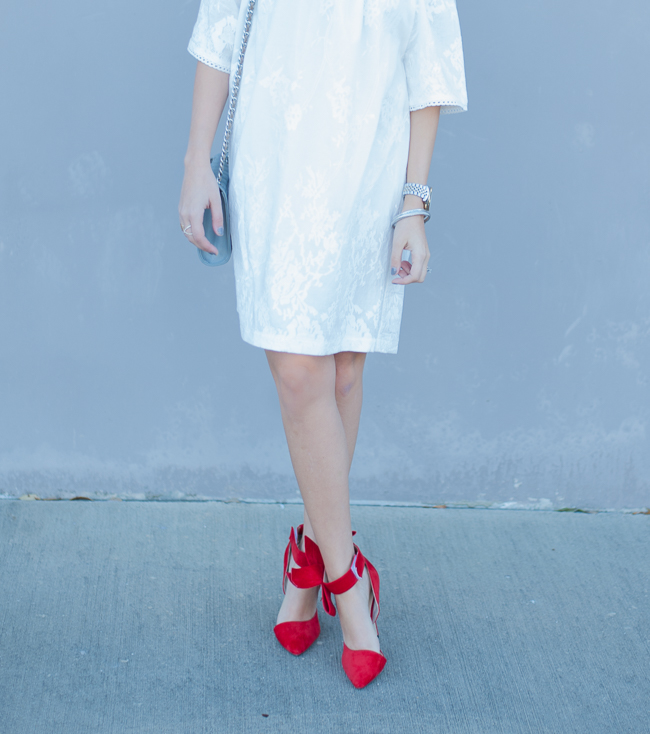 Dress Up Buttercup | Houston Fashion Blog - Dede Raad BB Dakota Off the Shoulder Cotton Dress White Red Bow High Heels