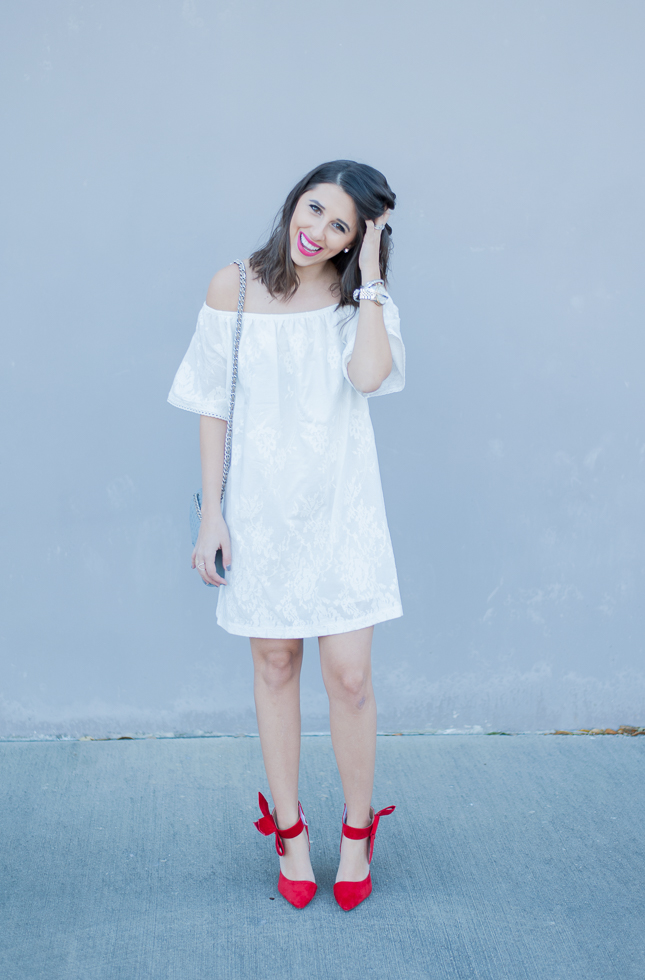 Dress Up Buttercup | Houston Fashion Blog - Dede Raad BB Dakota Off the Shoulder Cotton Dress White Red Bow High Heels