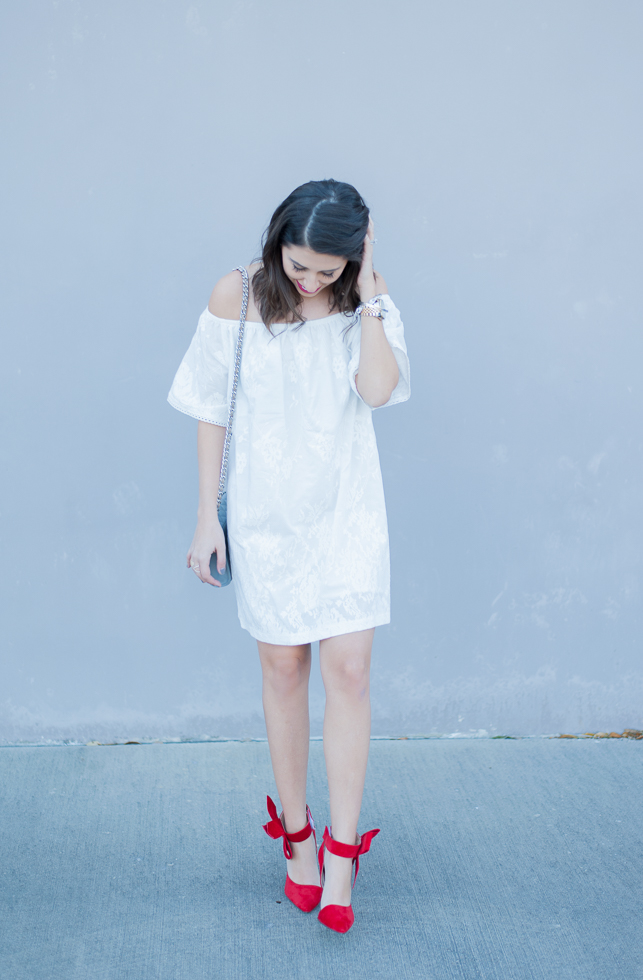 Dress Up Buttercup | Houston Fashion Blog - Dede Raad BB Dakota Off the Shoulder Cotton Dress White Red Bow High Heels