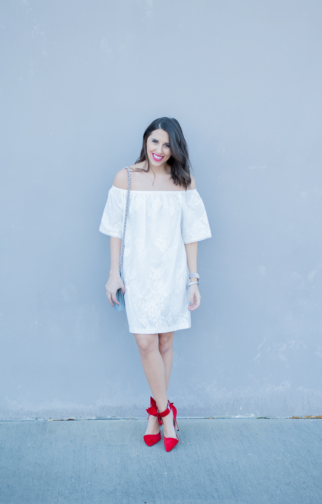 Dress Up Buttercup | Houston Fashion Blog - Dede Raad BB Dakota Off the Shoulder Cotton Dress White Red Bow High Heels