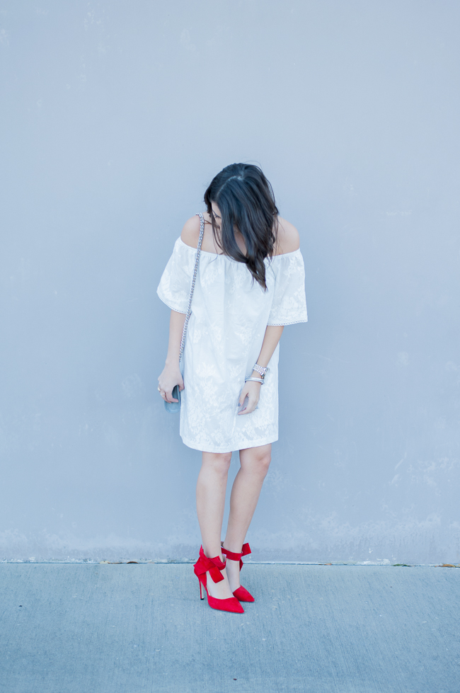 Dress Up Buttercup | Houston Fashion Blog - Dede Raad BB Dakota Off the Shoulder Cotton Dress White Red Bow High Heels